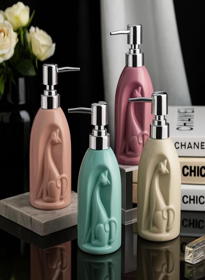 Whizzo Ceramic Cat Design Soap Dispenser with Chrome Pump | Refillable Lotion & Hand Wash Bottle for Bathroom & Kitchen (360ML, LD-201-Cat, Beige) - Image 3
